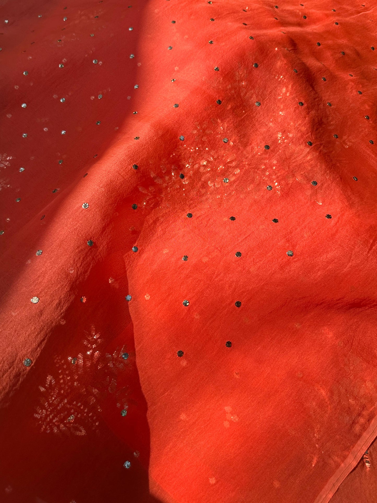 Neon Orange Noor Organza Silk Mukaish Badla Unstitched Kurta Dupatta Set