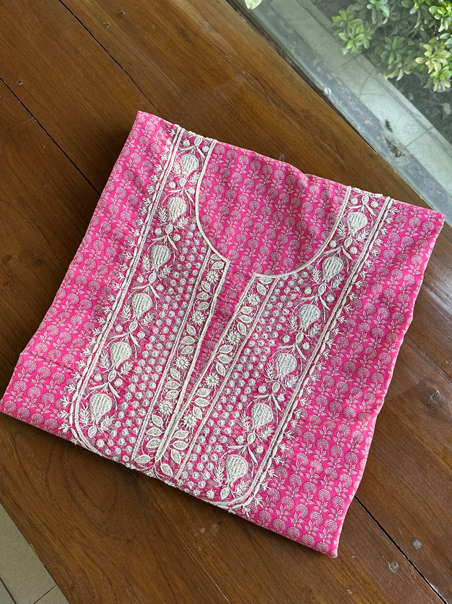 Pink Floral Cotton Kurta Fabric with Chikankari & Sequin Work