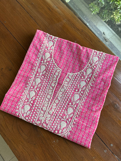 Pink Floral Cotton Kurta Fabric with Chikankari & Sequin Work