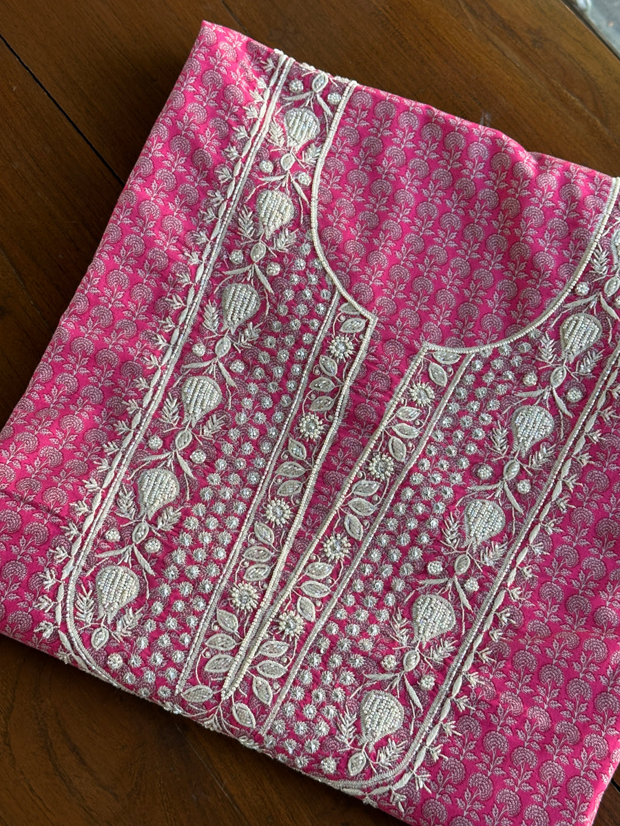 Pink Floral Cotton Kurta Fabric with Chikankari & Sequin Work