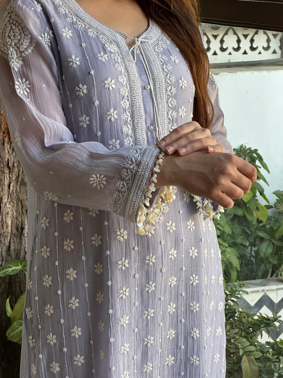 Light Mauve Shade Malmal Pearl Work Chikankari Kurta With Dupatta
