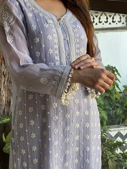 Light Mauve Shade Malmal Pearl Work Chikankari Kurta With Dupatta