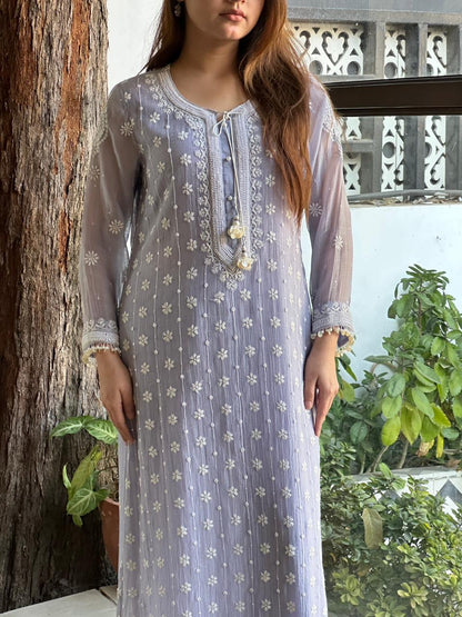 Light Mauve Shade Malmal Pearl Work Chikankari Kurta With Dupatta