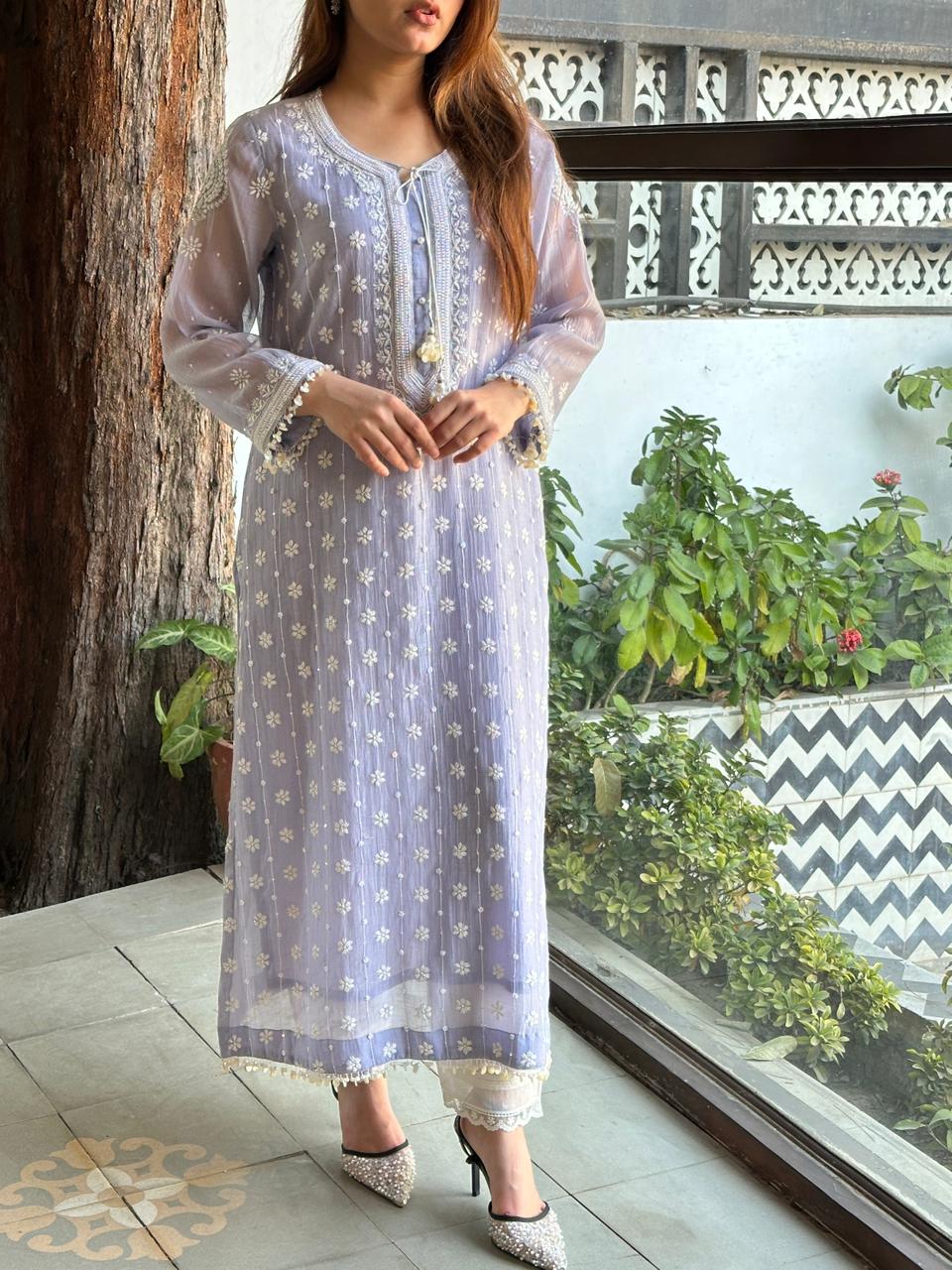 Light Mauve Shade Malmal Pearl Work Chikankari Kurta With Dupatta