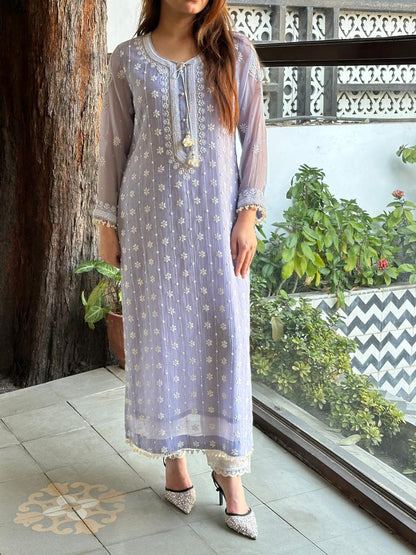 Light Mauve Shade Malmal Pearl Work Chikankari Kurta With Dupatta