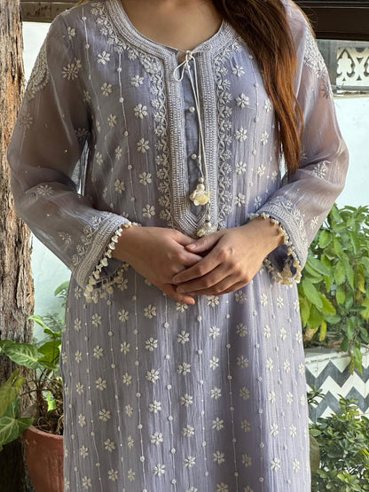 Light Mauve Shade Malmal Pearl Work Chikankari Kurta With Dupatta