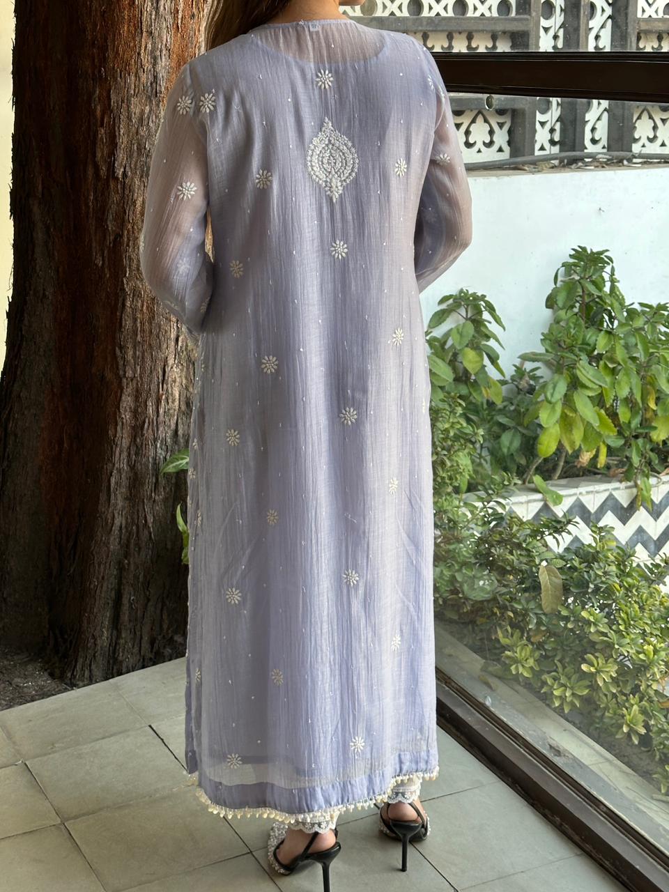 Light Mauve Shade Malmal Pearl Work Chikankari Kurta With Dupatta