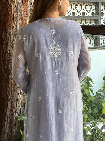 Light Mauve Shade Malmal Pearl Work Chikankari Kurta With Dupatta