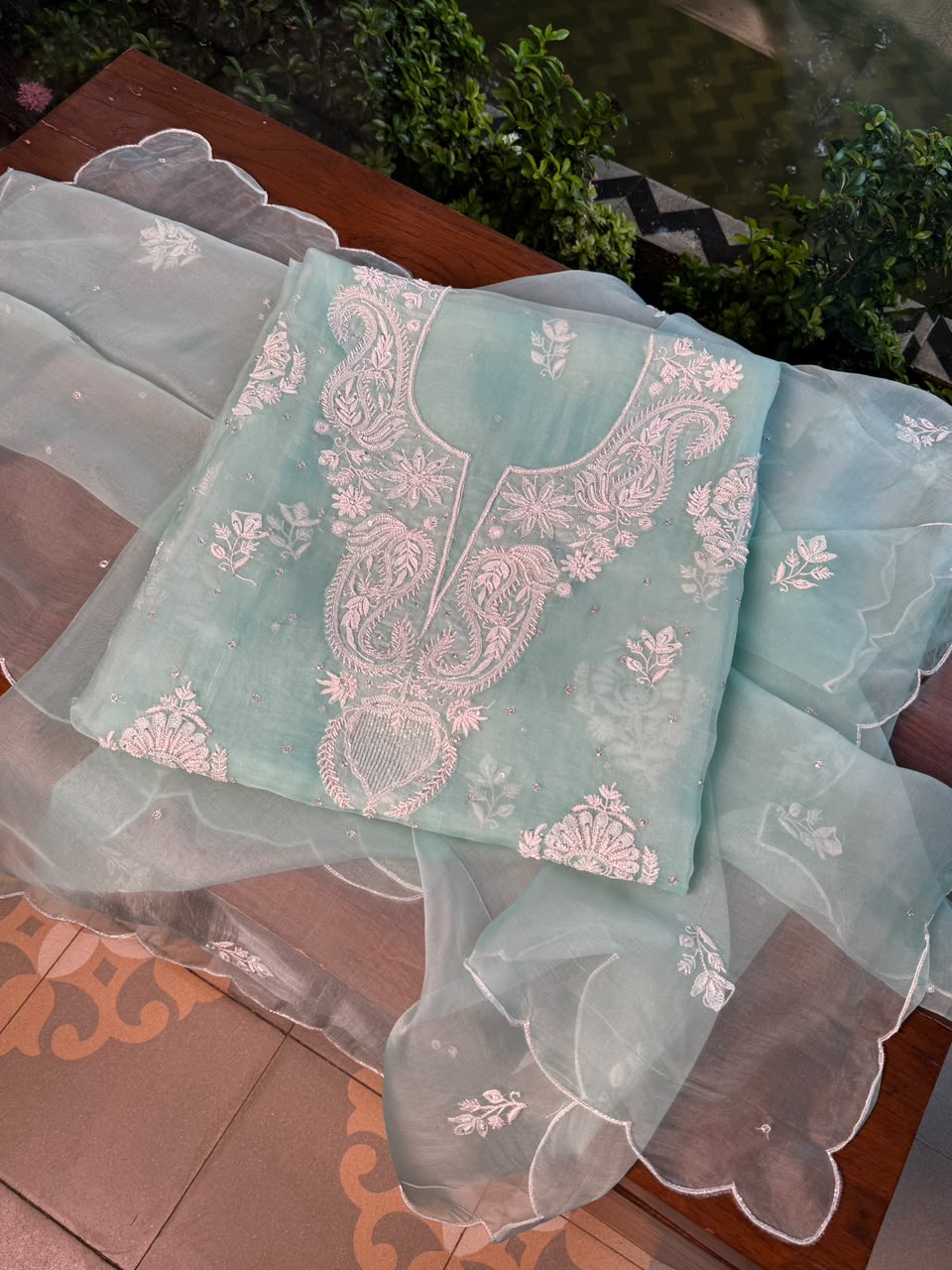 Ice Blue Shade Noor Organza Silk Chikankari Unstitched Kurta Dupatta Set