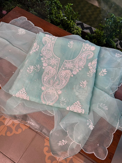 Ice Blue Shade Noor Organza Silk Chikankari Unstitched Kurta Dupatta Set