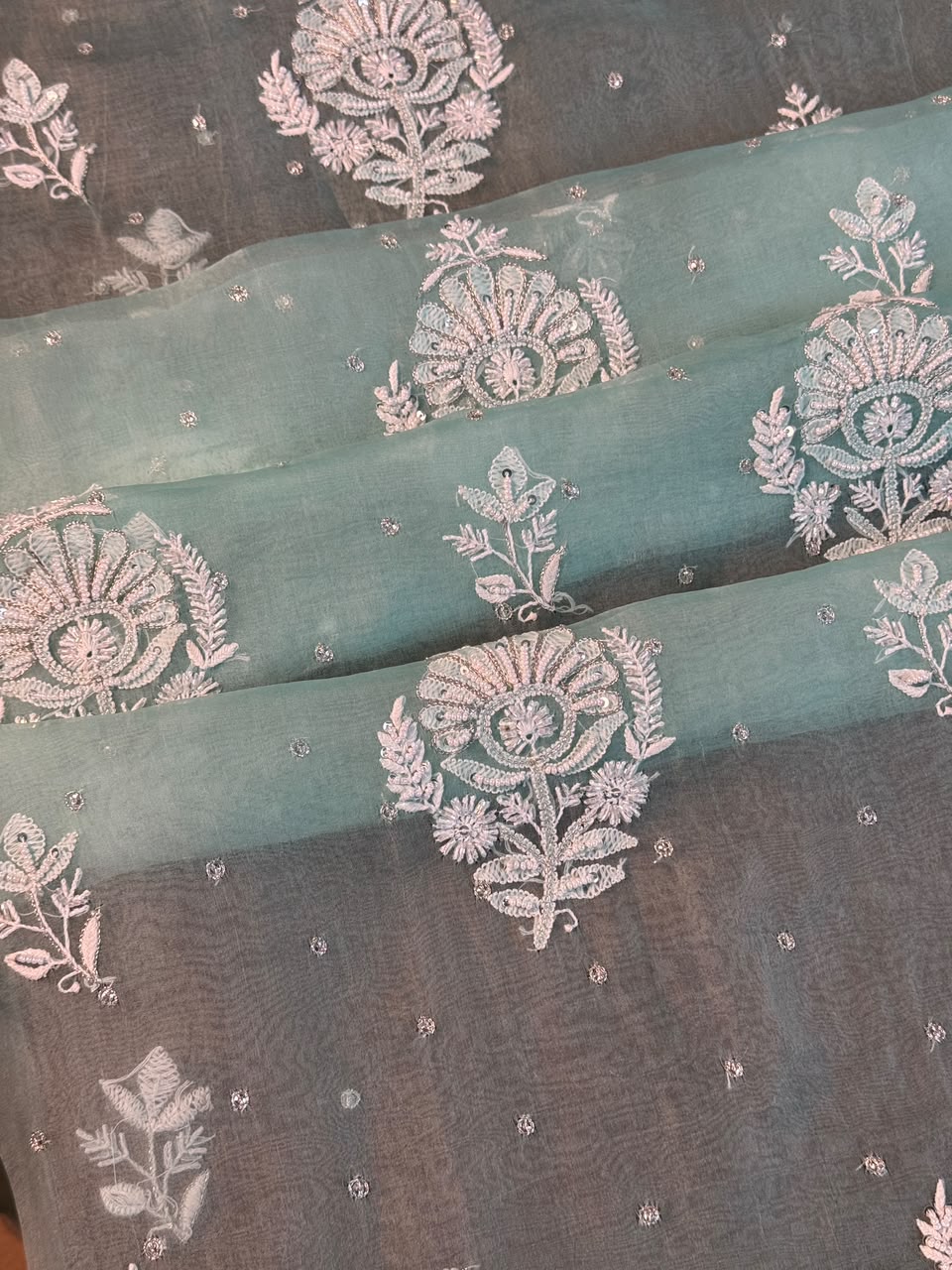 Ice Blue Shade Noor Organza Silk Chikankari Unstitched Kurta Dupatta Set