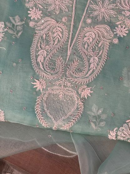 Ice Blue Shade Noor Organza Silk Chikankari Unstitched Kurta Dupatta Set