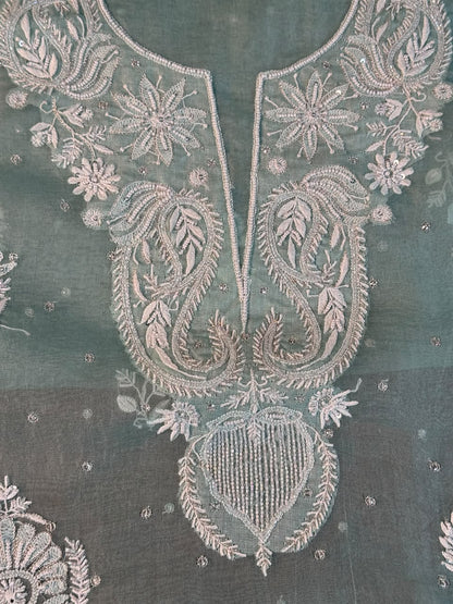 Ice Blue Shade Noor Organza Silk Chikankari Unstitched Kurta Dupatta Set