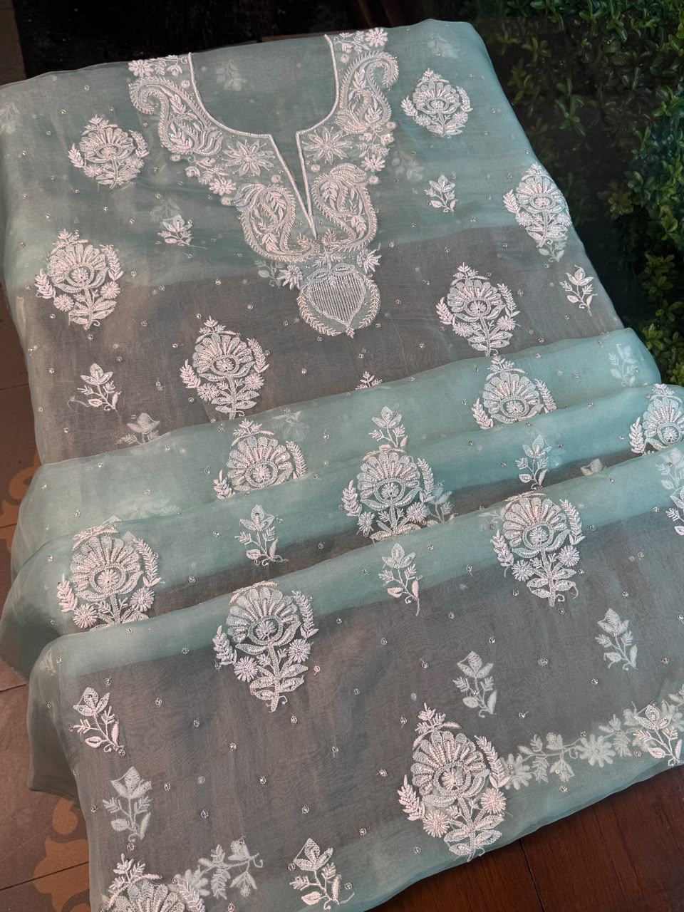 Ice Blue Shade Noor Organza Silk Chikankari Unstitched Kurta Dupatta Set