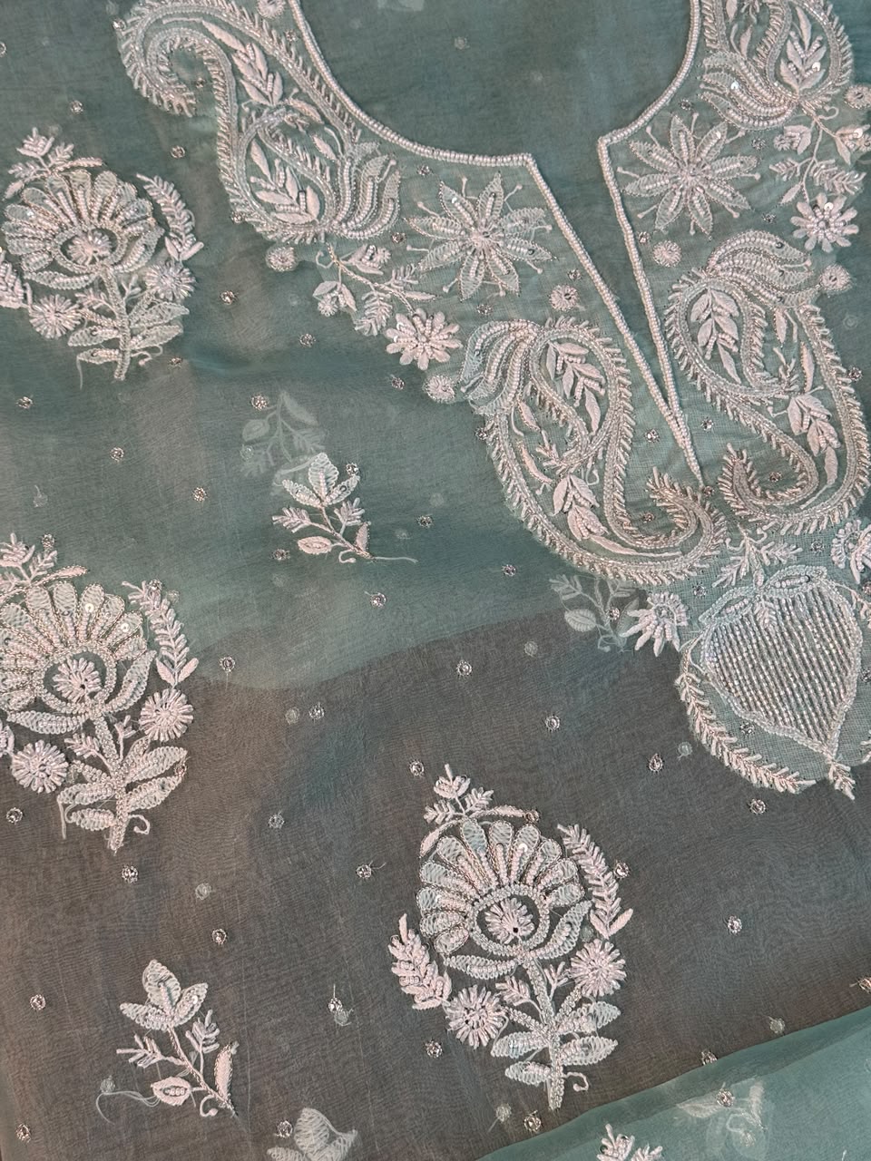 Ice Blue Shade Noor Organza Silk Chikankari Unstitched Kurta Dupatta Set