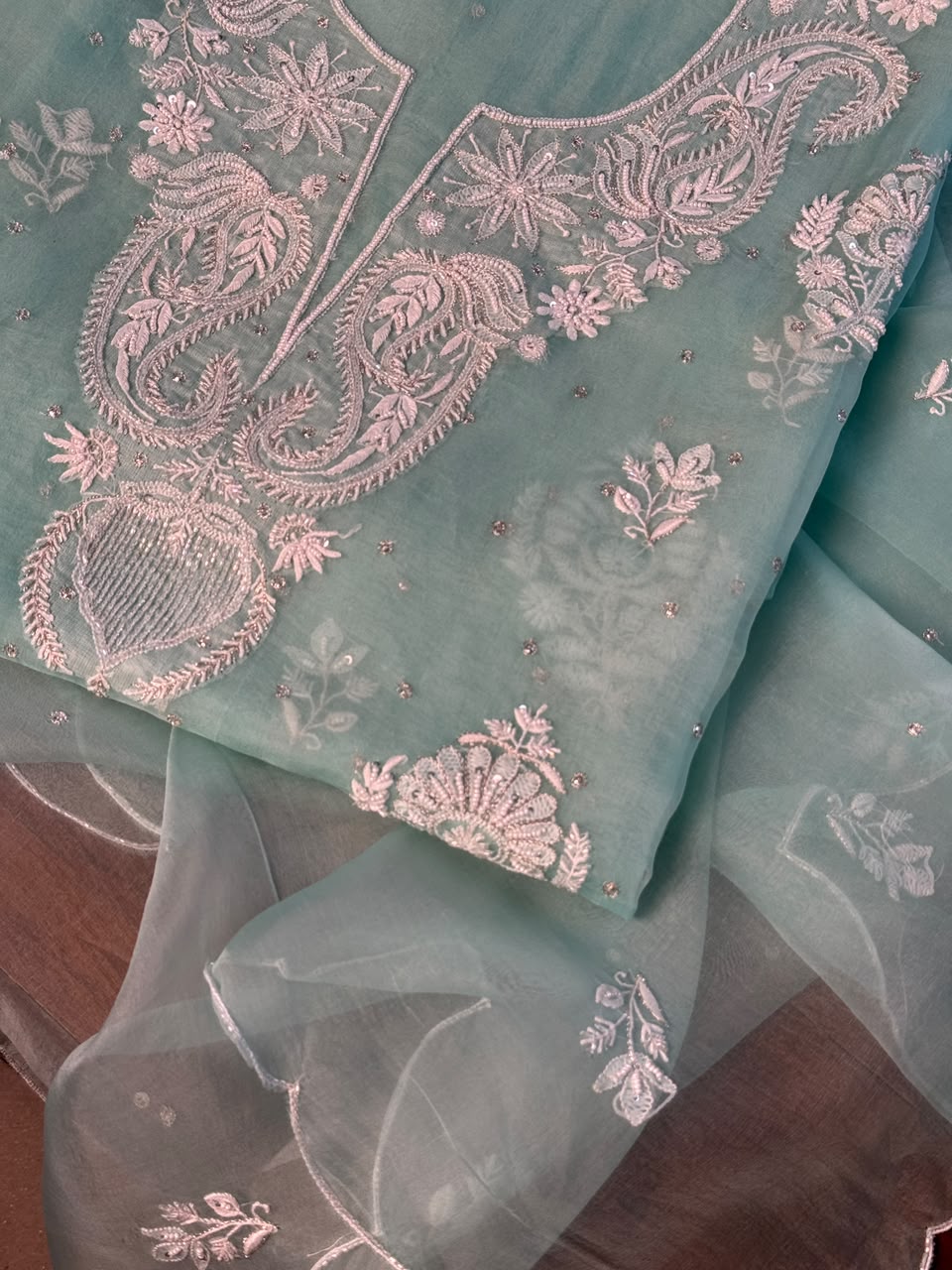 Ice Blue Shade Noor Organza Silk Chikankari Unstitched Kurta Dupatta Set