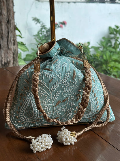 Ice Blue Tussar Silk Chikankari Ari & Kasab Work Potli Bag