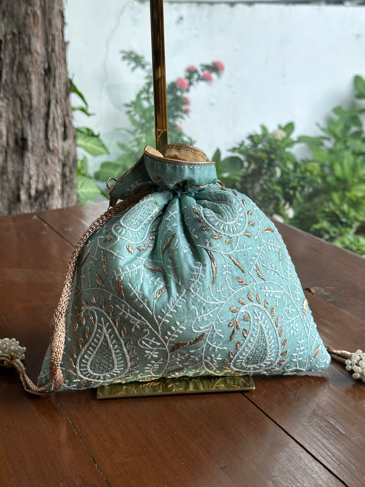 Ice Blue Tussar Silk Chikankari Ari & Kasab Work Potli Bag