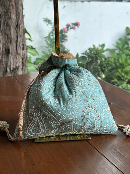 Ice Blue Tussar Silk Chikankari Ari & Kasab Work Potli Bag