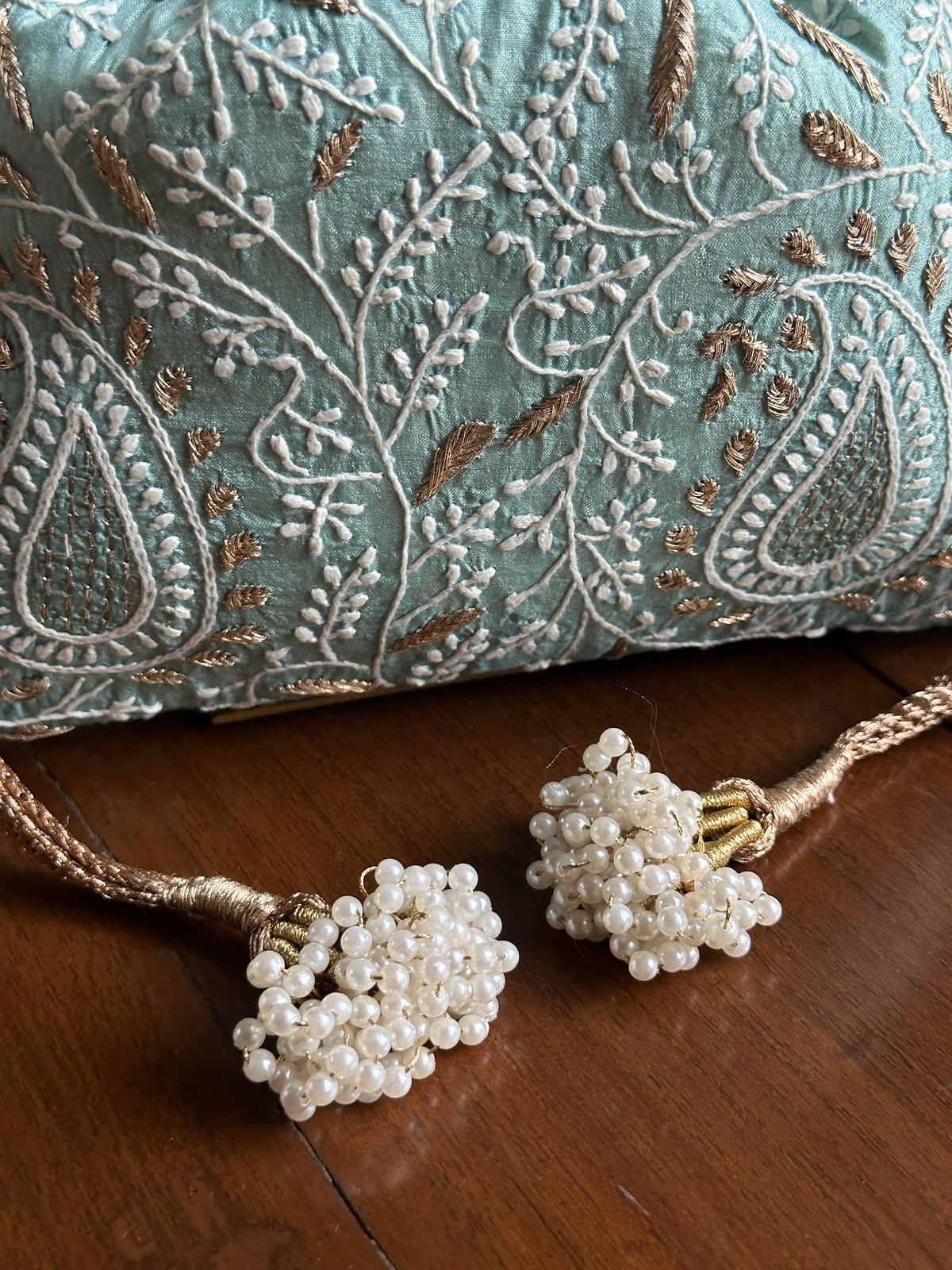 Ice Blue Tussar Silk Chikankari Ari & Kasab Work Potli Bag