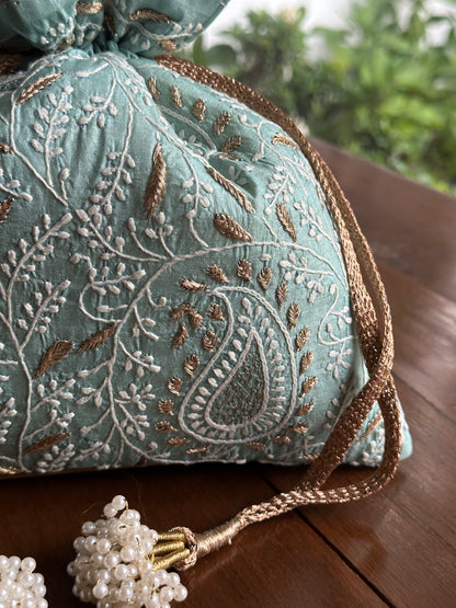 Ice Blue Tussar Silk Chikankari Ari & Kasab Work Potli Bag