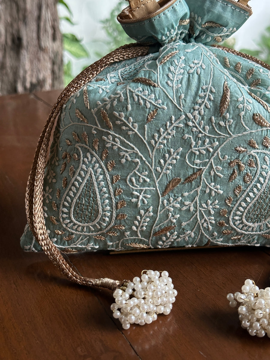 Ice Blue Tussar Silk Chikankari Ari & Kasab Work Potli Bag