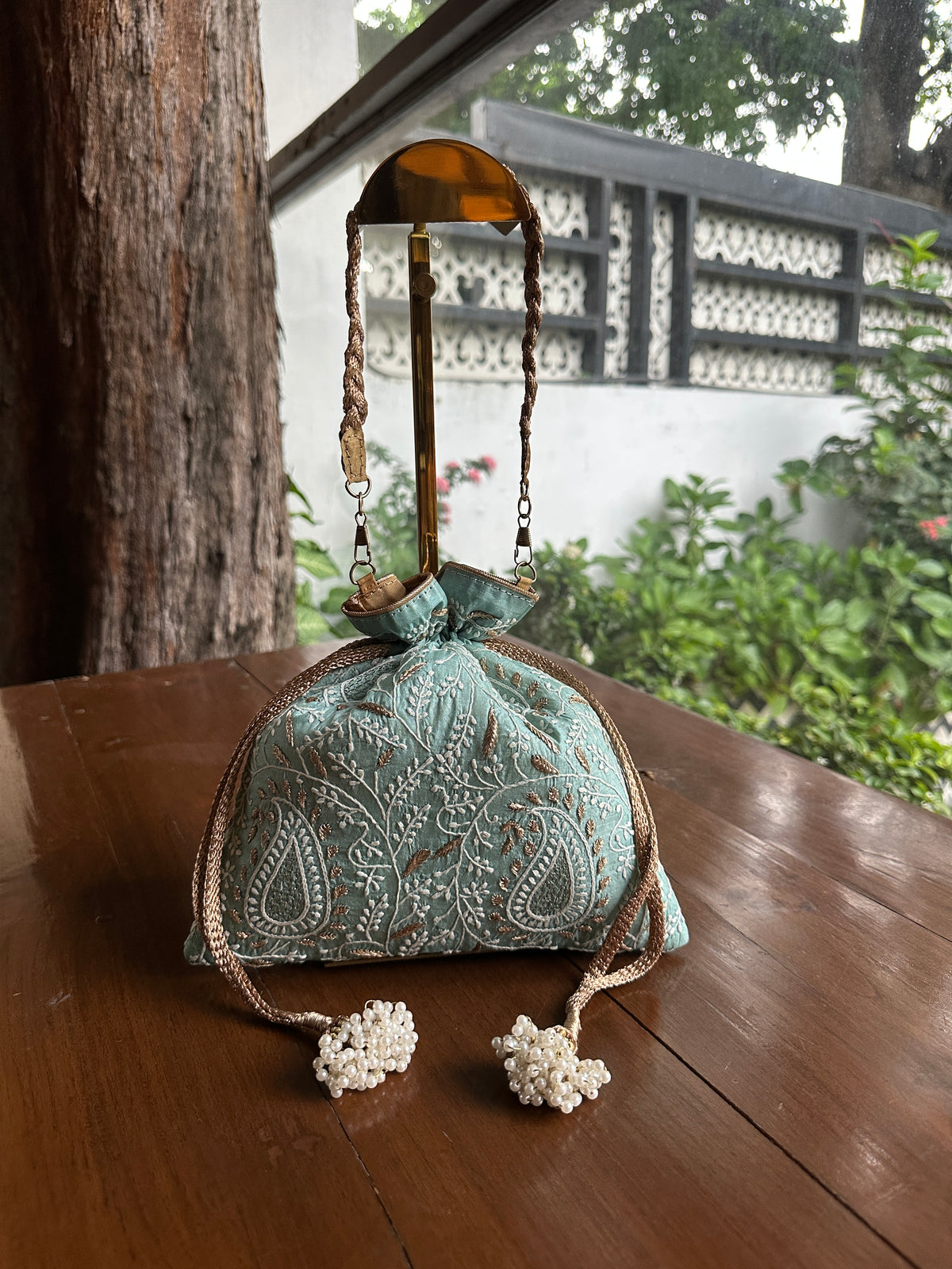 Ice Blue Tussar Silk Chikankari Ari & Kasab Work Potli Bag
