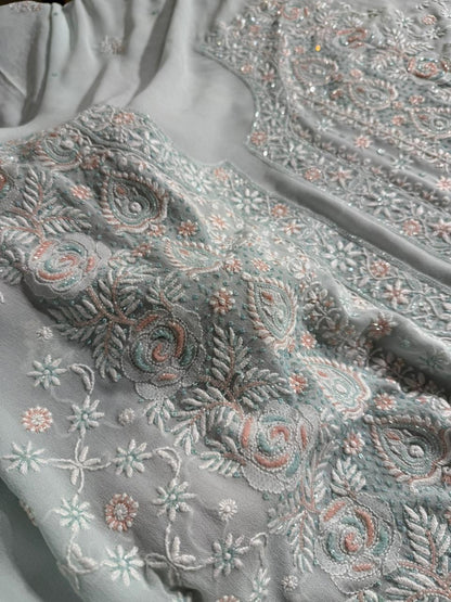 Ice blue Pure Georgette Chikankari Kurta Dupatta Set