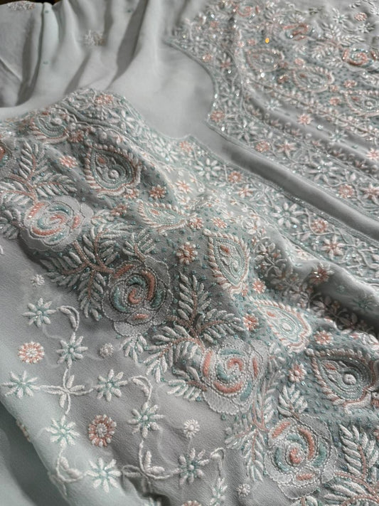 Ice blue Pure Georgette Chikankari Kurta Dupatta Set