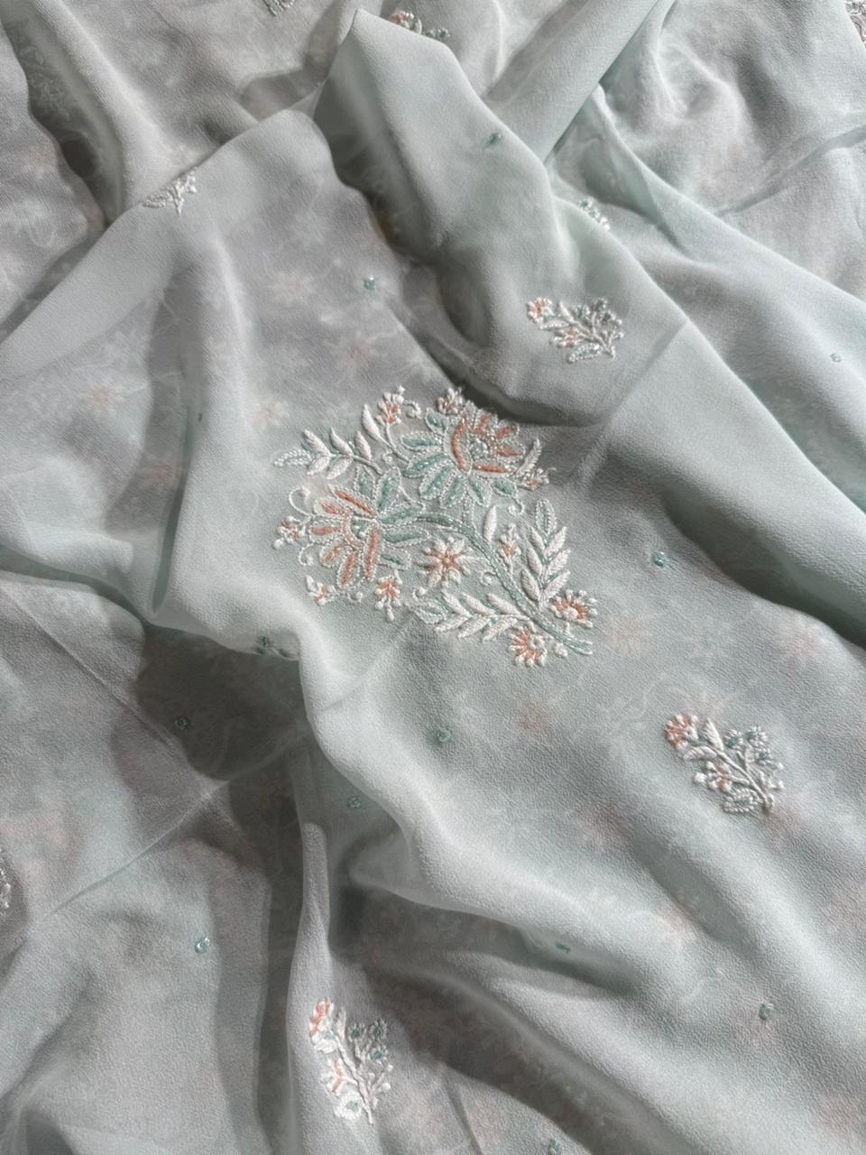 Ice blue Pure Georgette Chikankari Kurta Dupatta Set