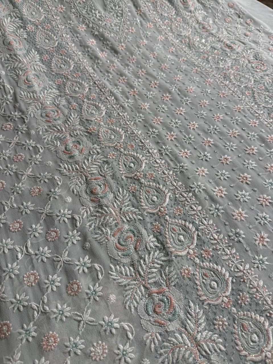 Ice blue Pure Georgette Chikankari Kurta Dupatta Set