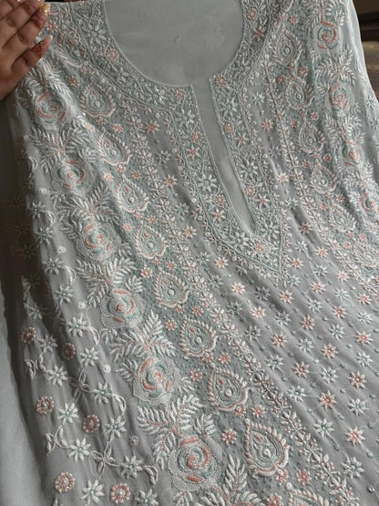 Ice blue Pure Georgette Chikankari Kurta Dupatta Set
