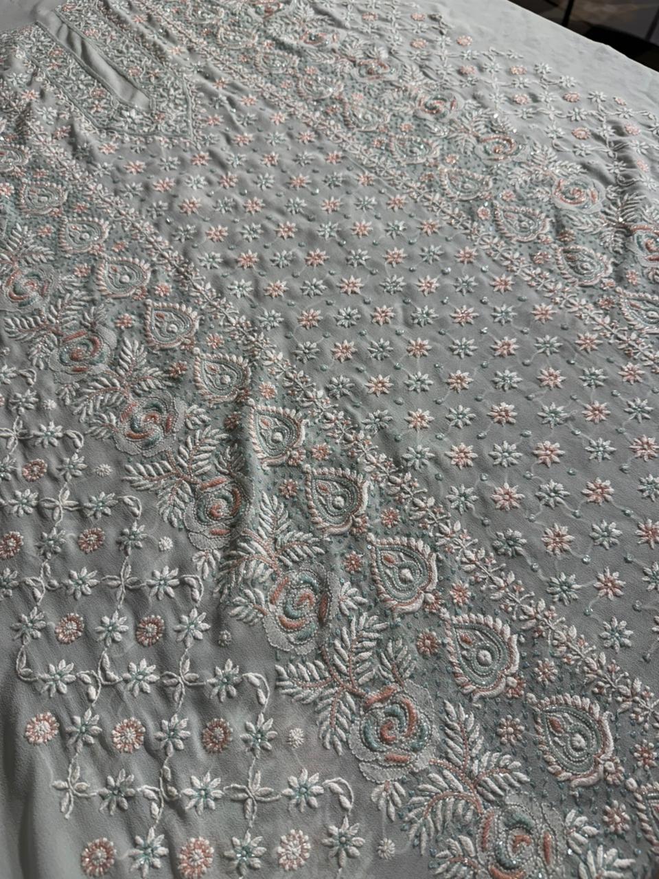 Ice blue Pure Georgette Chikankari Kurta Dupatta Set