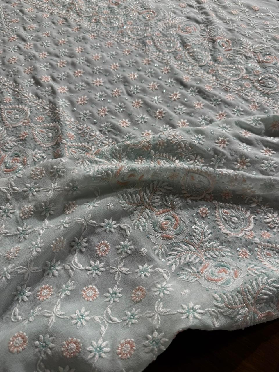 Ice blue Pure Georgette Chikankari Kurta Dupatta Set