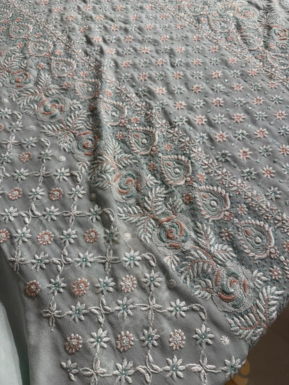 Ice blue Pure Georgette Chikankari Kurta Dupatta Set