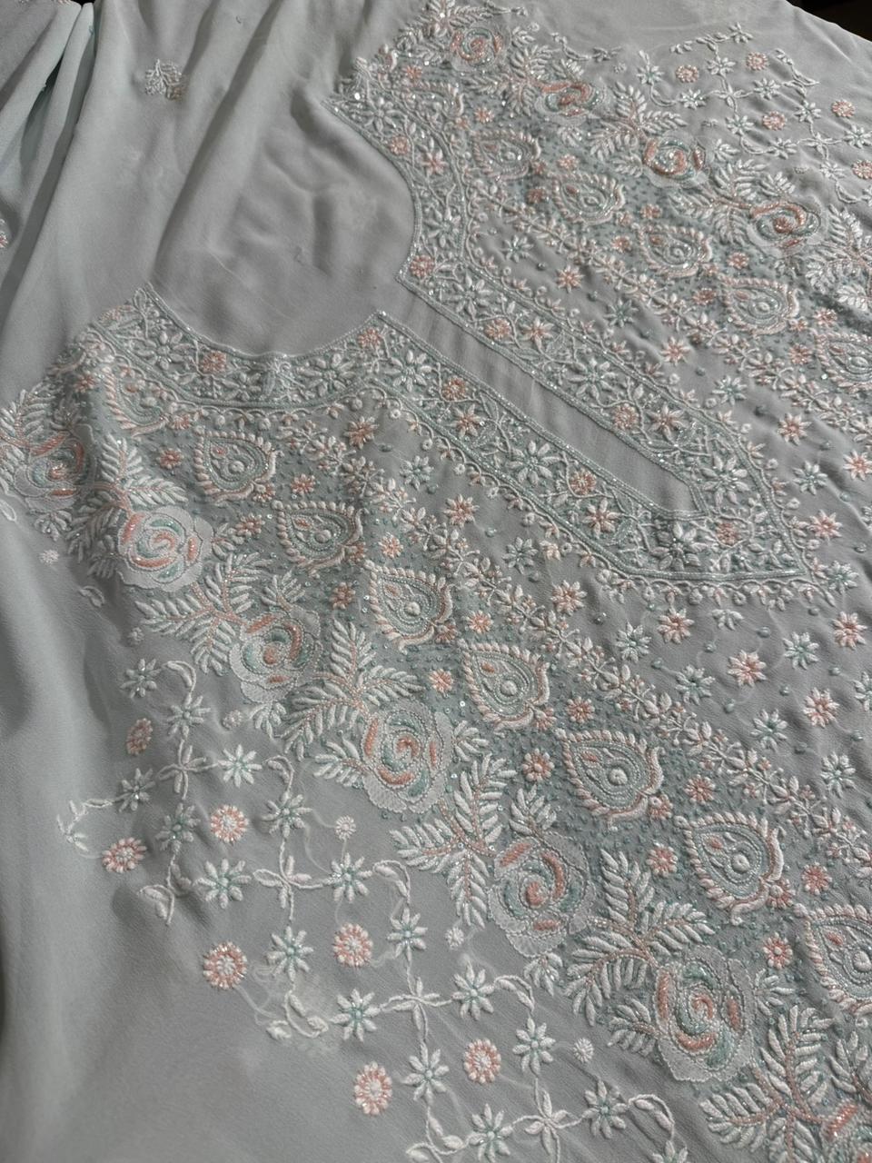 Ice blue Pure Georgette Chikankari Kurta Dupatta Set
