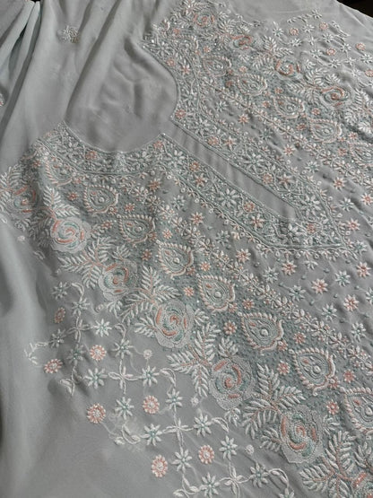Ice blue Pure Georgette Chikankari Kurta Dupatta Set