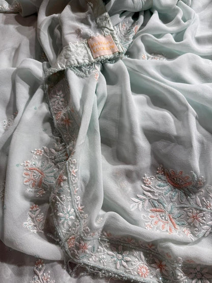 Ice blue Pure Georgette Chikankari Kurta Dupatta Set