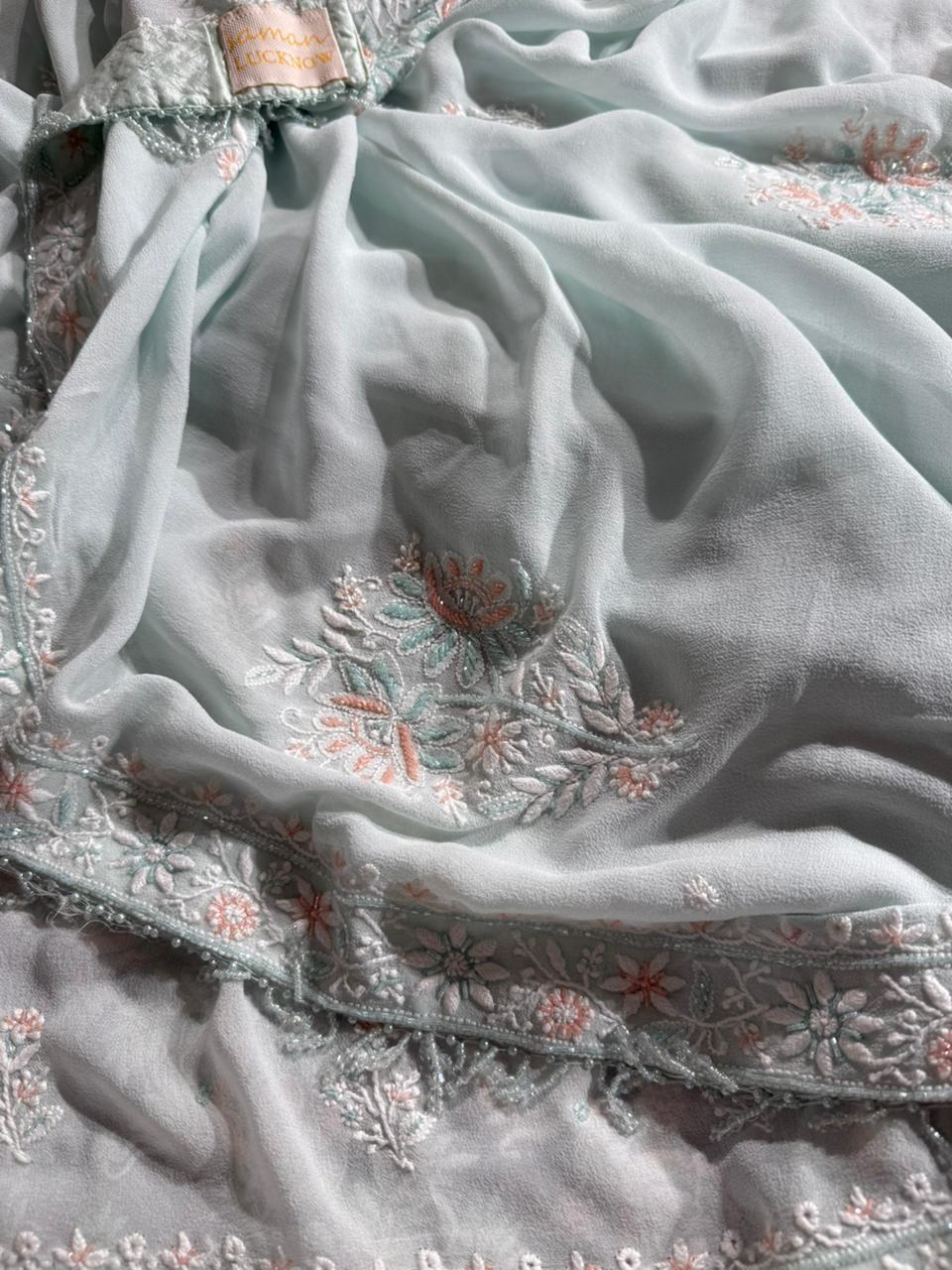 Ice blue Pure Georgette Chikankari Kurta Dupatta Set