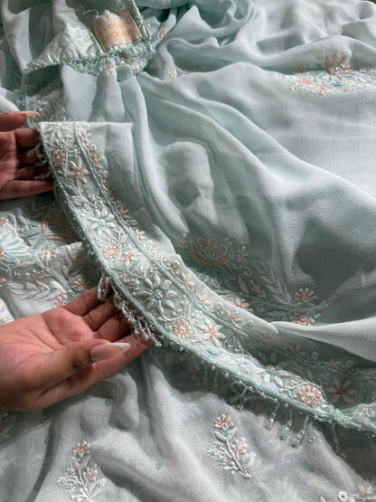 Ice blue Pure Georgette Chikankari Kurta Dupatta Set