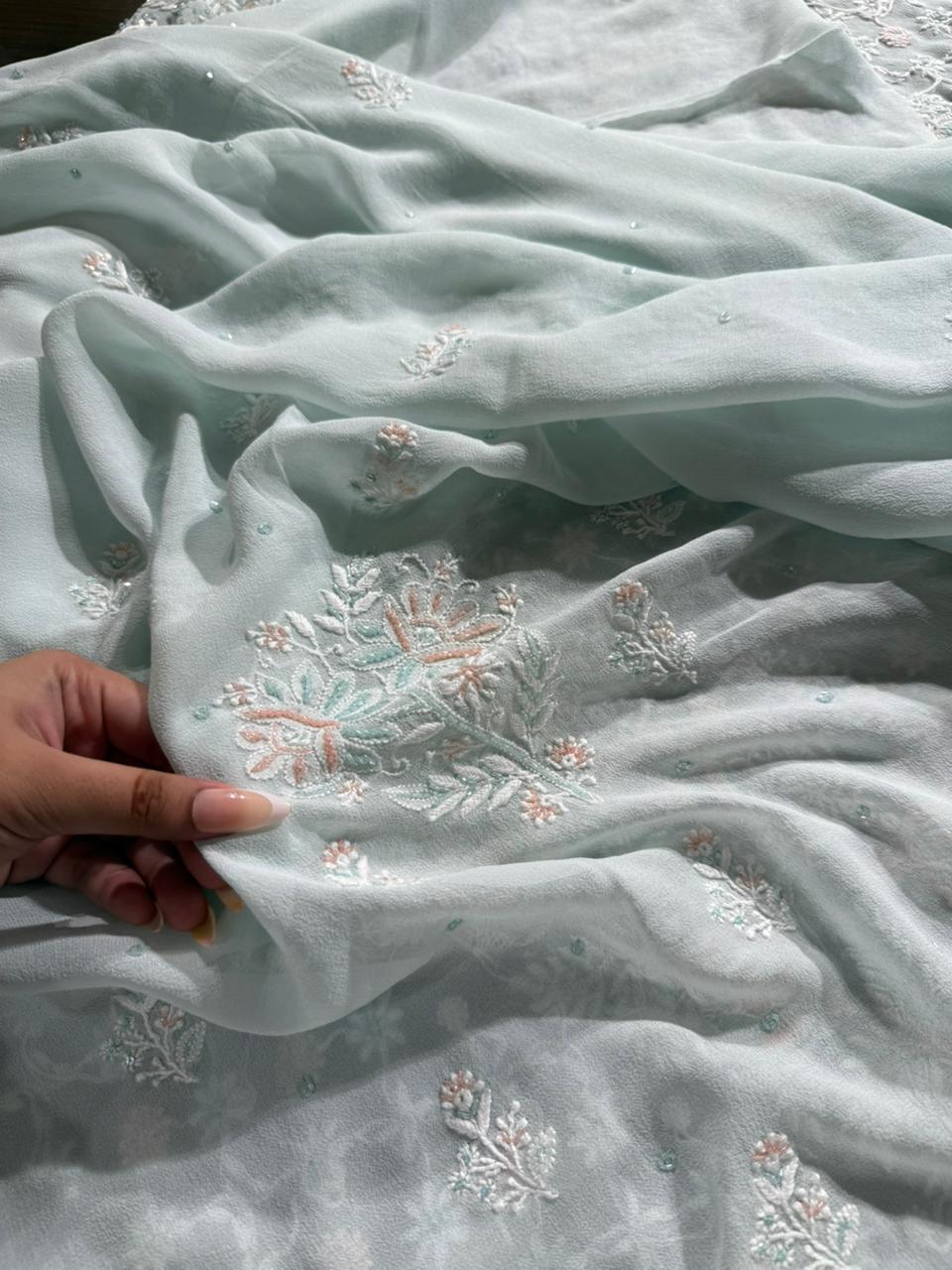 Ice blue Pure Georgette Chikankari Kurta Dupatta Set