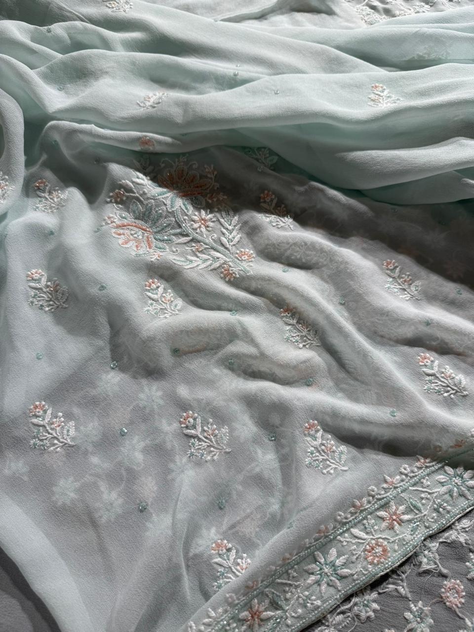 Ice blue Pure Georgette Chikankari Kurta Dupatta Set