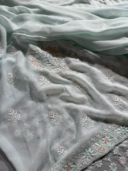 Ice blue Pure Georgette Chikankari Kurta Dupatta Set