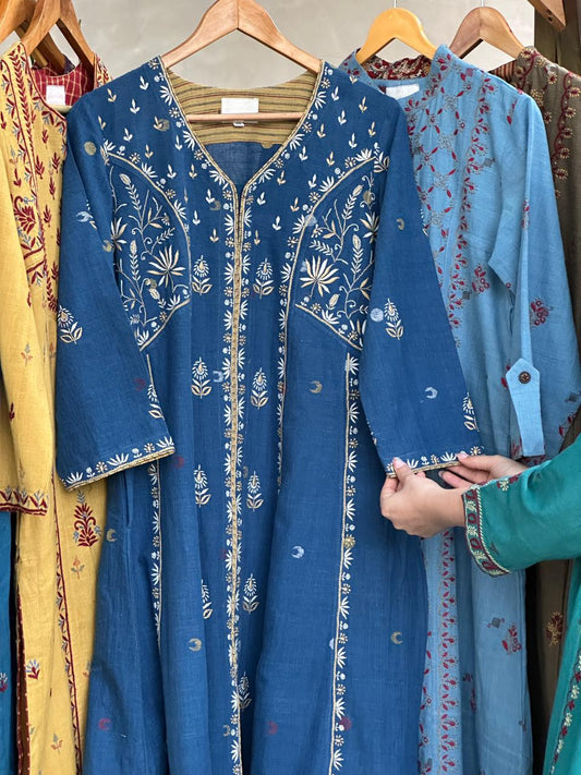 Indigo Handspun Malkha Chikankari Front Slit Tunic