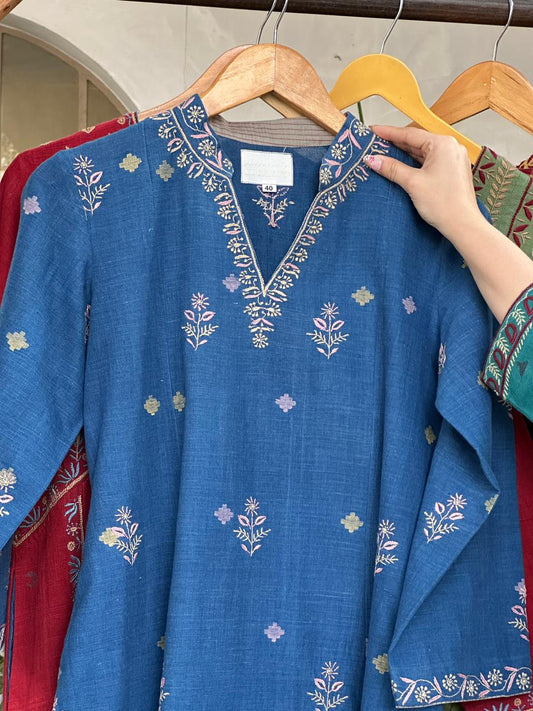 Indigo Handspun Malkha Chikankari Tunic with Curved Hem