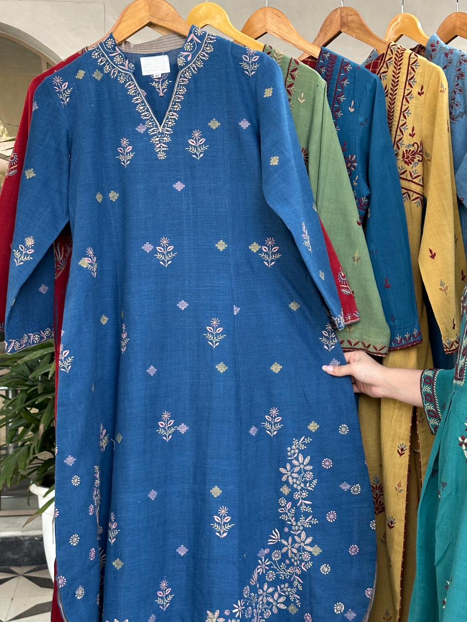 Indigo Handspun Malkha Chikankari Tunic with Curved Hem