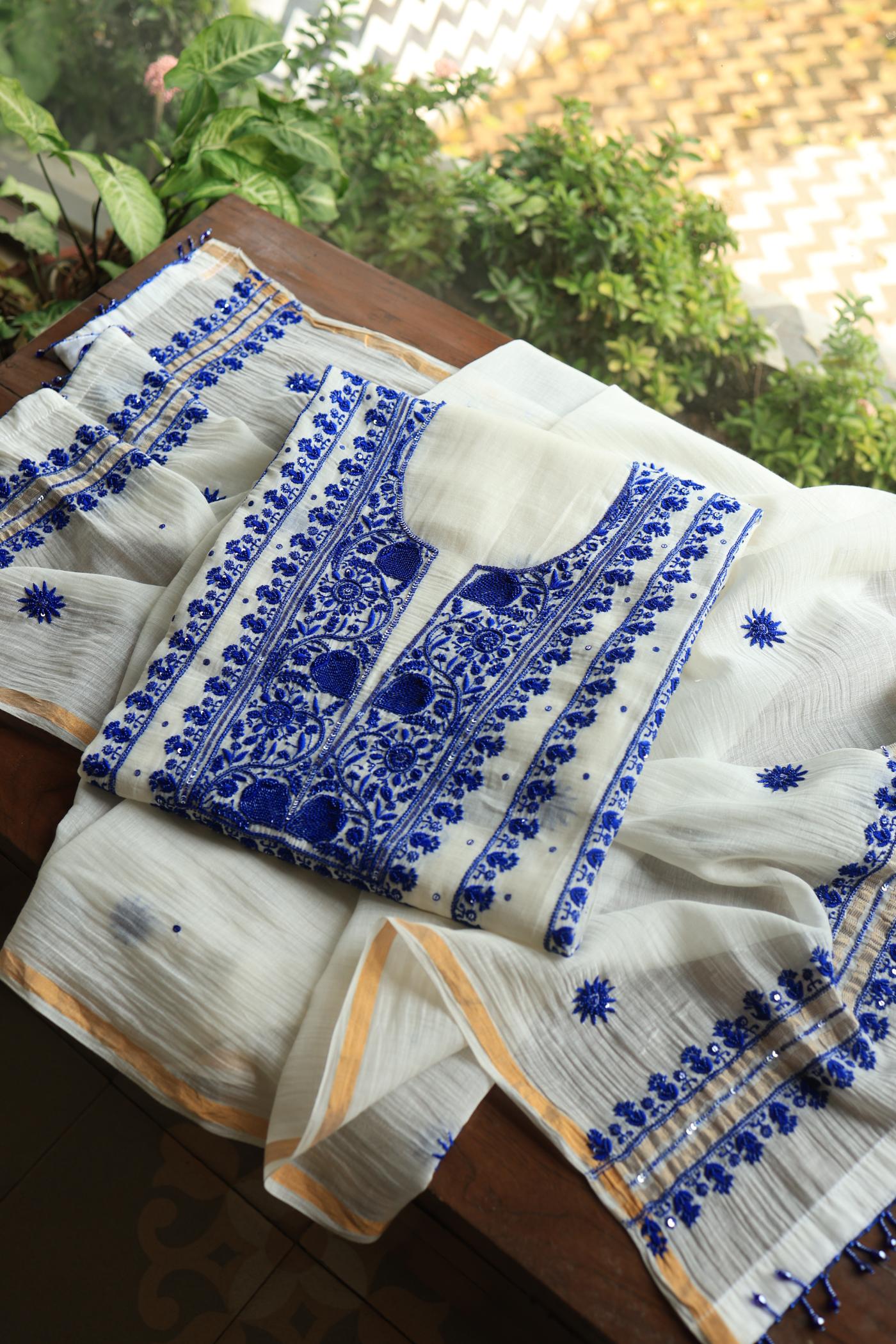 Indigo White Mal Chanderi Silk Chikankari Unstitched Fabric