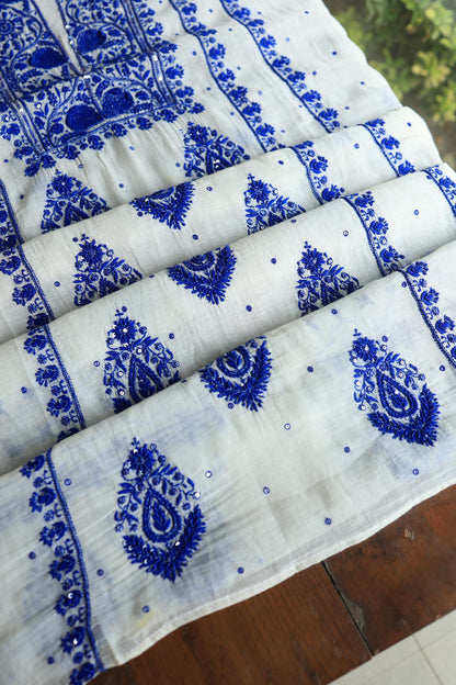 Indigo White Mal Chanderi Silk Chikankari Unstitched Fabric