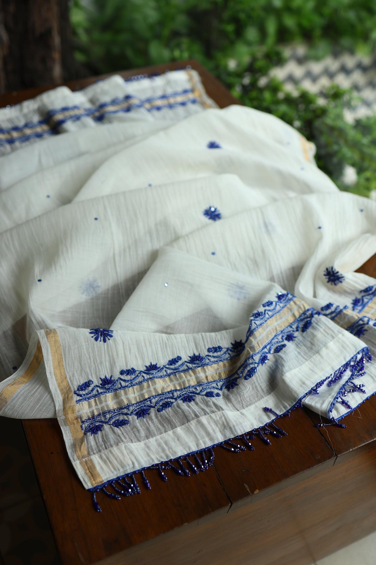 Indigo White Mal Chanderi Silk Chikankari A Line Unstitched Fabric