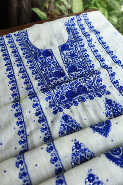 Indigo White Mal Chanderi Silk Chikankari Unstitched Fabric